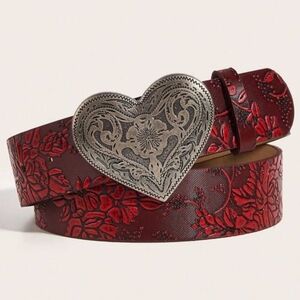 Red Vegan Leather Floral Belt Heart Buckle